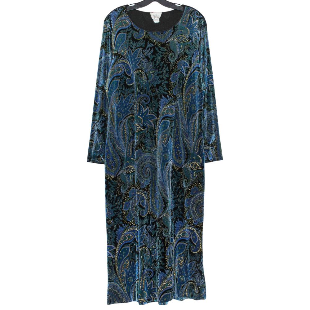 Vintage Velour Paisley Maxi Dress Blue L Metallic Boho Y2K Artsy Whimsigoth Y2K
